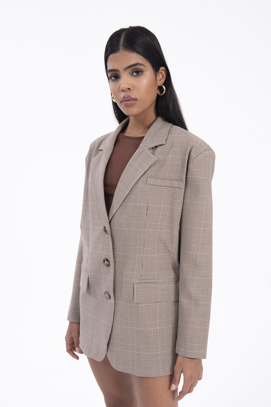 Bayan Bej Ekoseli Blazer Ceket