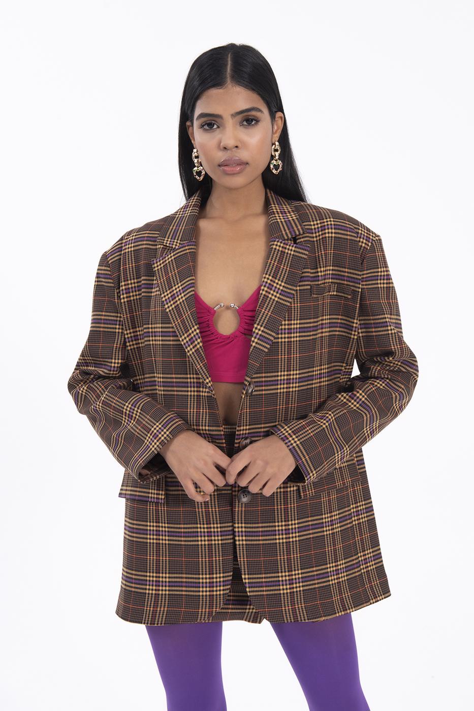 Bayan Kahverengi Ekoseli Blazer Ceket