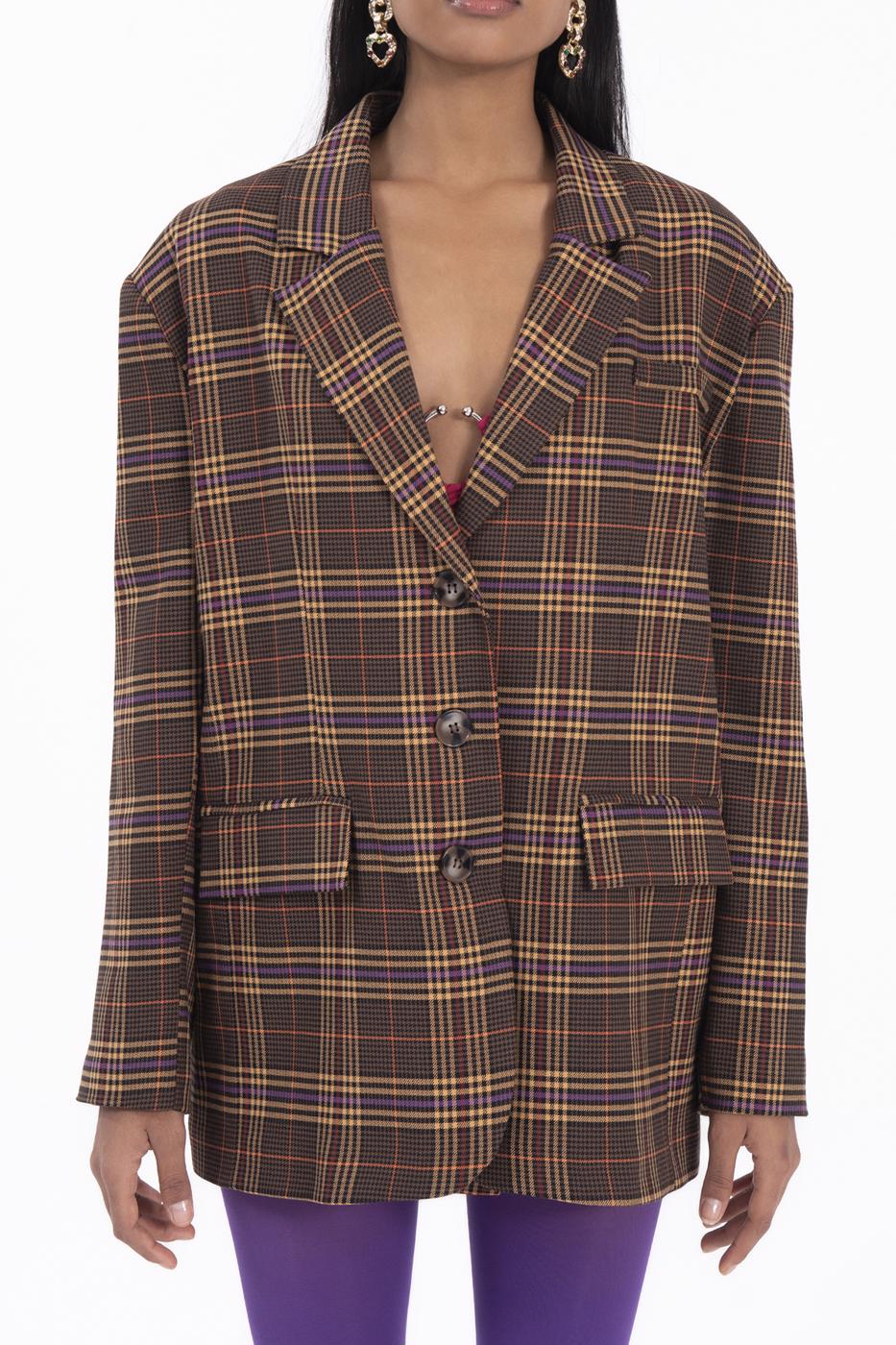 Bayan Kahverengi Ekoseli Blazer Ceket