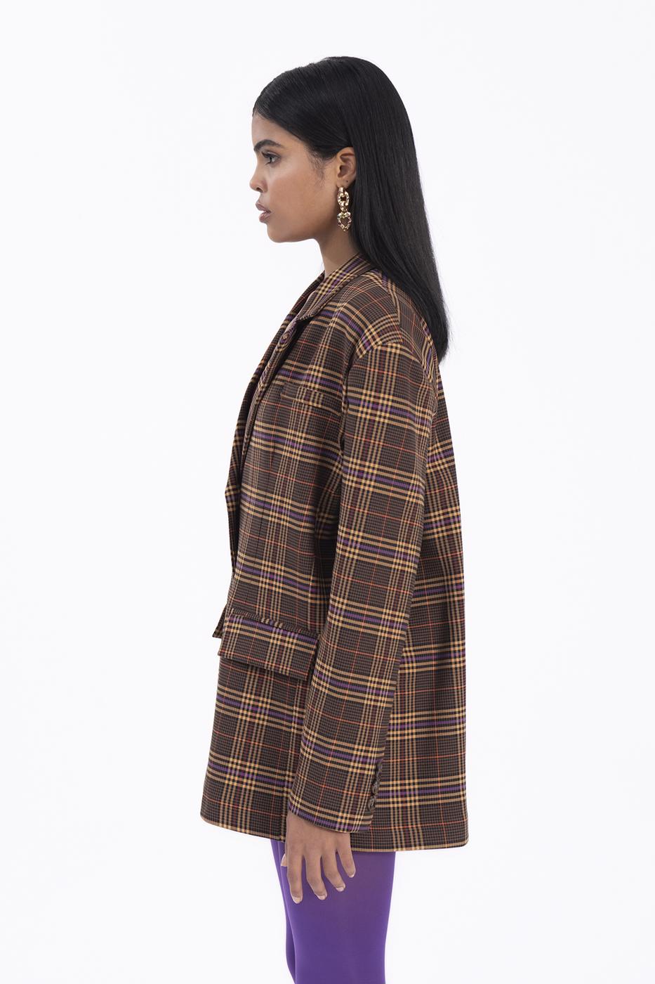 Bayan Kahverengi Ekoseli Blazer Ceket