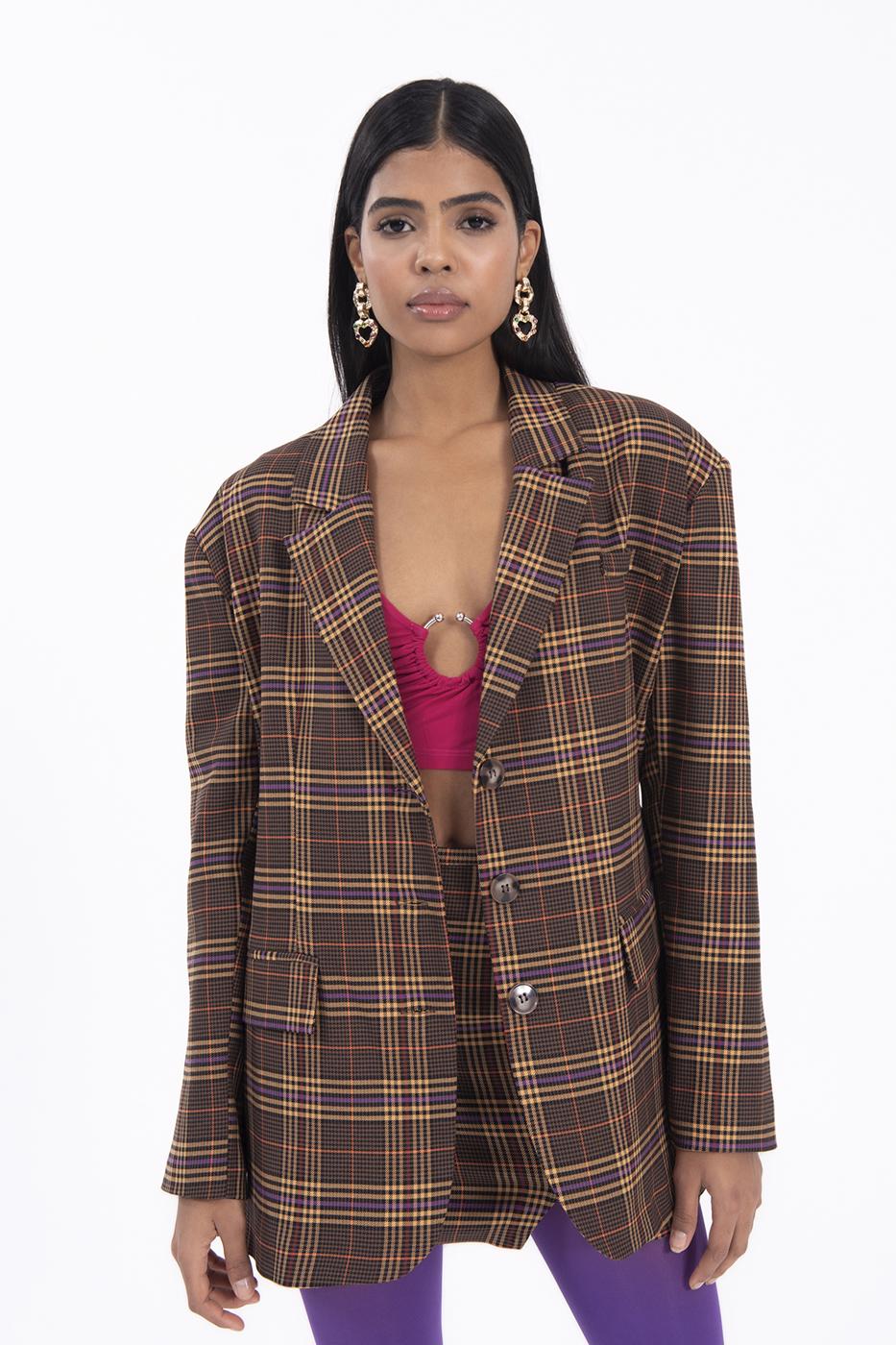 Bayan Kahverengi Ekoseli Blazer Ceket
