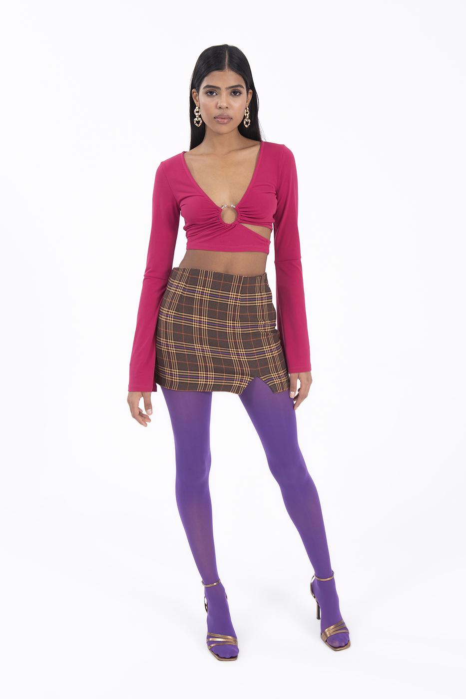 Bayan Kahverengi Ekoseli Mini Yırtmaçlı Etek