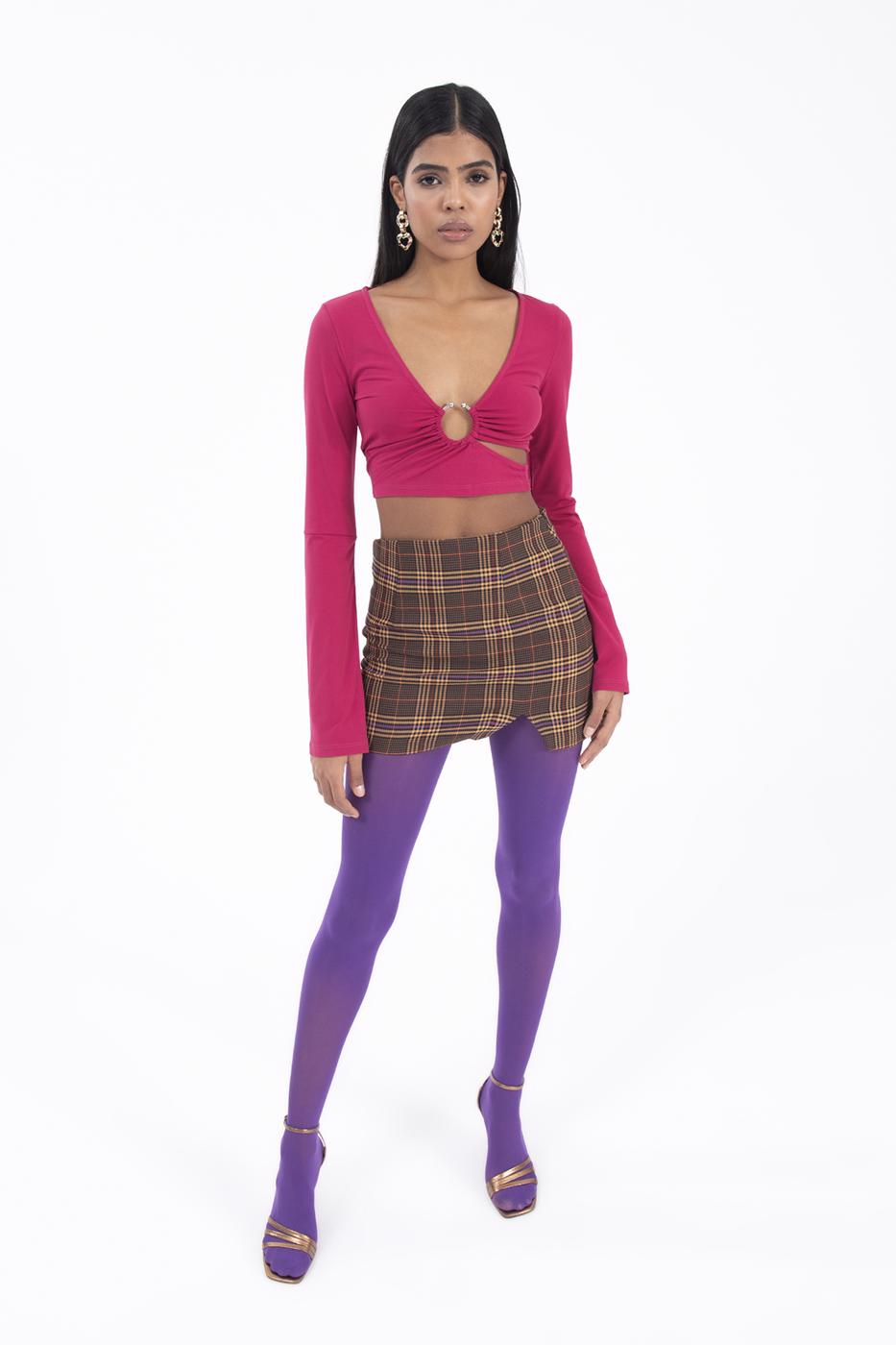 Bayan Kahverengi Ekoseli Mini Yırtmaçlı Etek