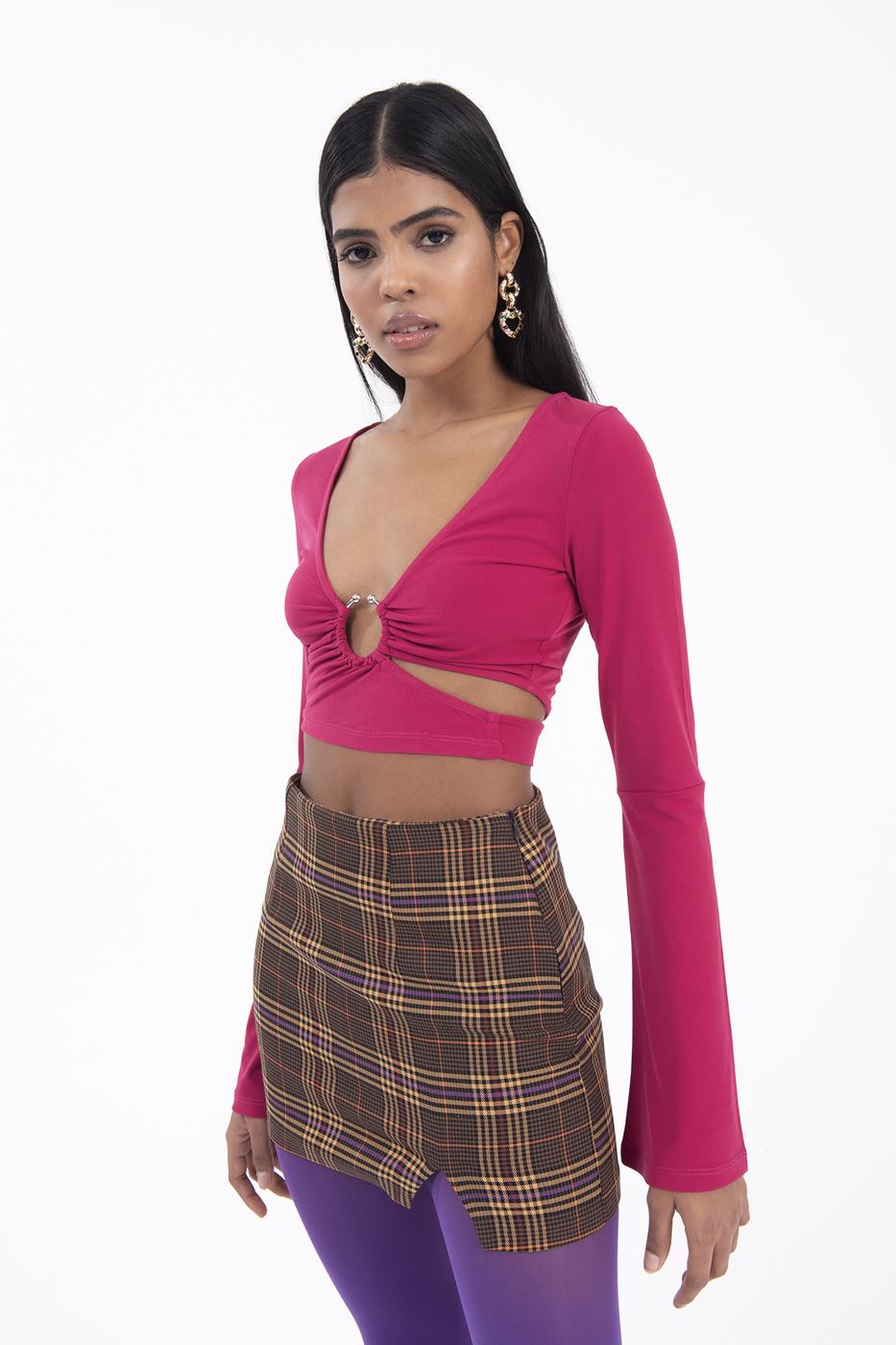 Bayan Kahverengi Ekoseli Mini Yırtmaçlı Etek