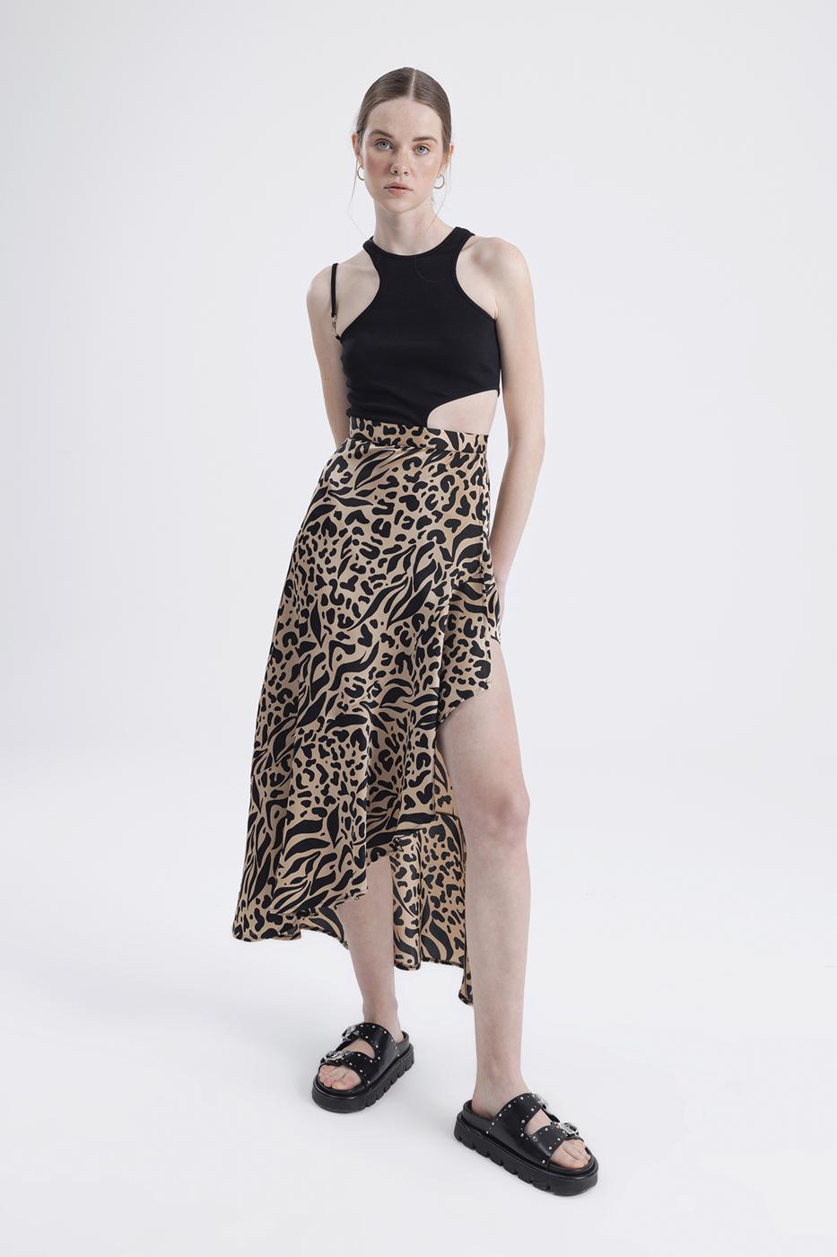 Bayan Bej Derin Yırtmaç Detaylı Midi Etek