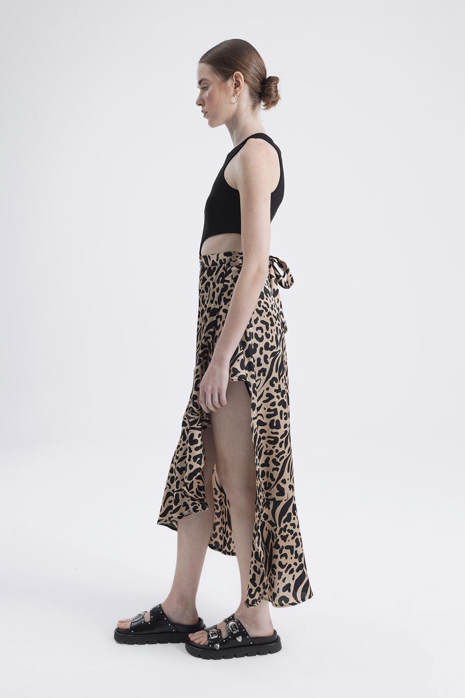 Bayan Bej Derin Yırtmaç Detaylı Midi Etek