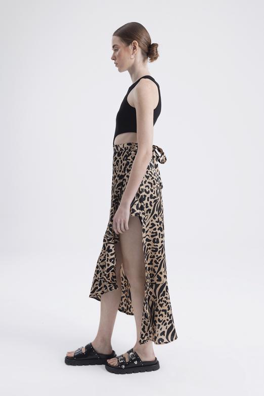 Bayan Bej Derin Yırtmaç Detaylı Midi Etek - BSL