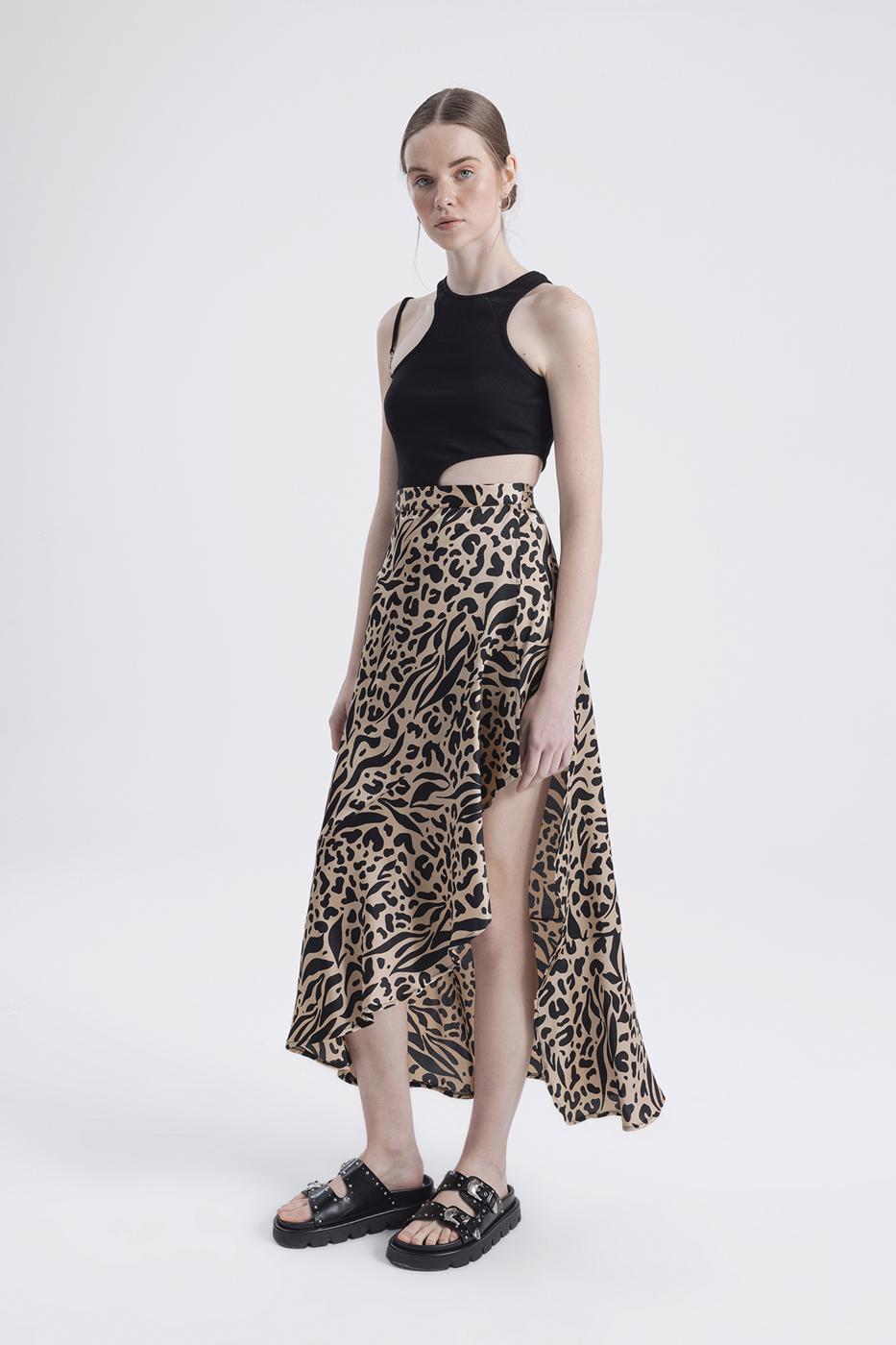 Bayan Bej Derin Yırtmaç Detaylı Midi Etek