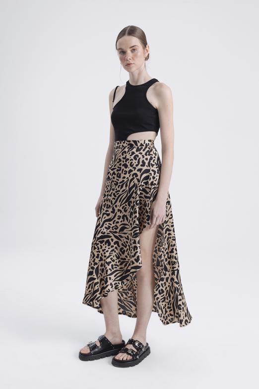 Bayan Bej Derin Yırtmaç Detaylı Midi Etek - BSL