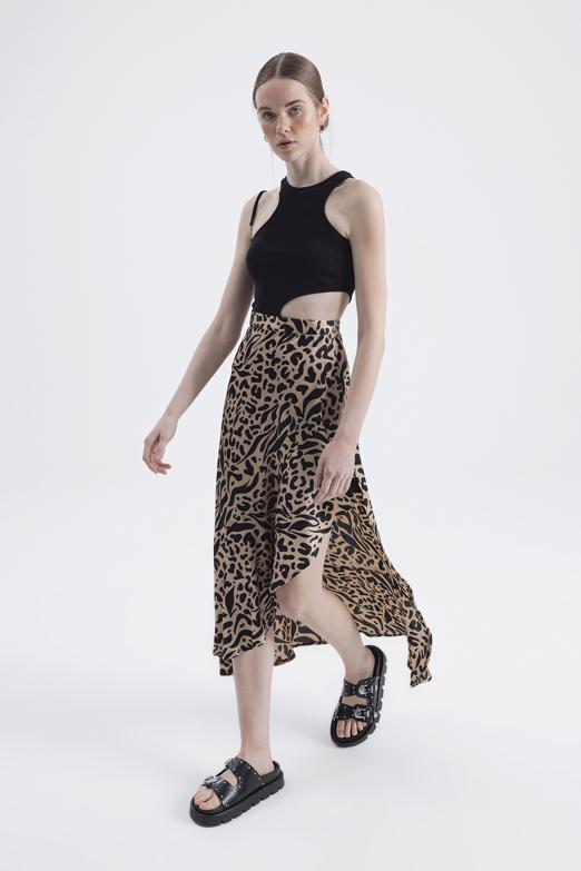 Bayan Bej Derin Yırtmaç Detaylı Midi Etek - BSL