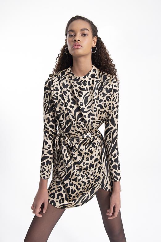 Bayan Bej Dik Yakalı Leopar Mini Elbise - BSL