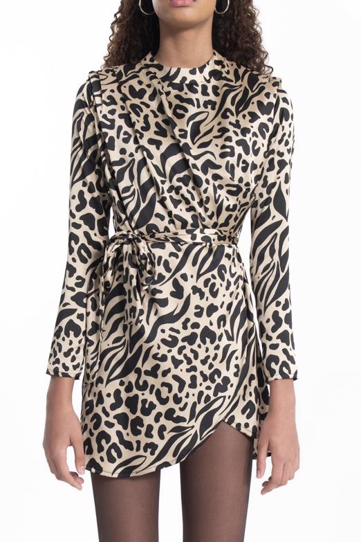 Bayan Bej Dik Yakalı Leopar Mini Elbise - BSL