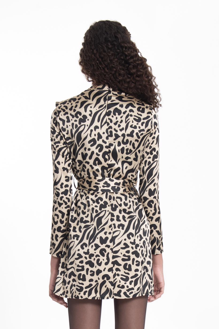 Bayan Bej Dik Yakalı Leopar Mini Elbise