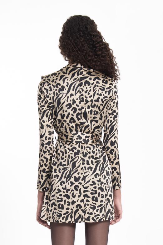 Bayan Bej Dik Yakalı Leopar Mini Elbise - BSL