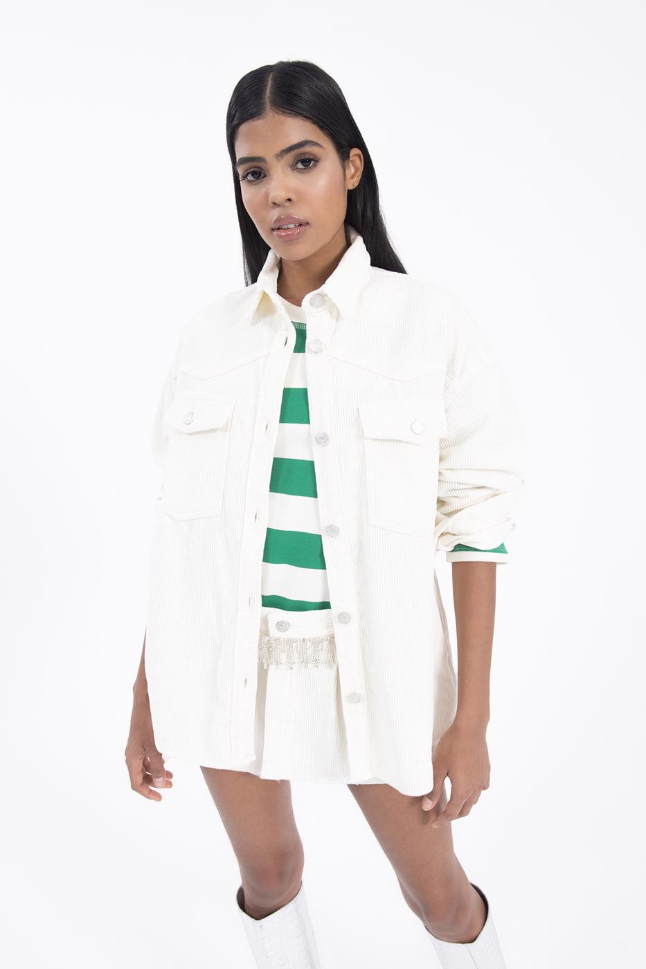 Bayan Ekru Cep Detaylı Fitilli Kadife Gömlek Ceket