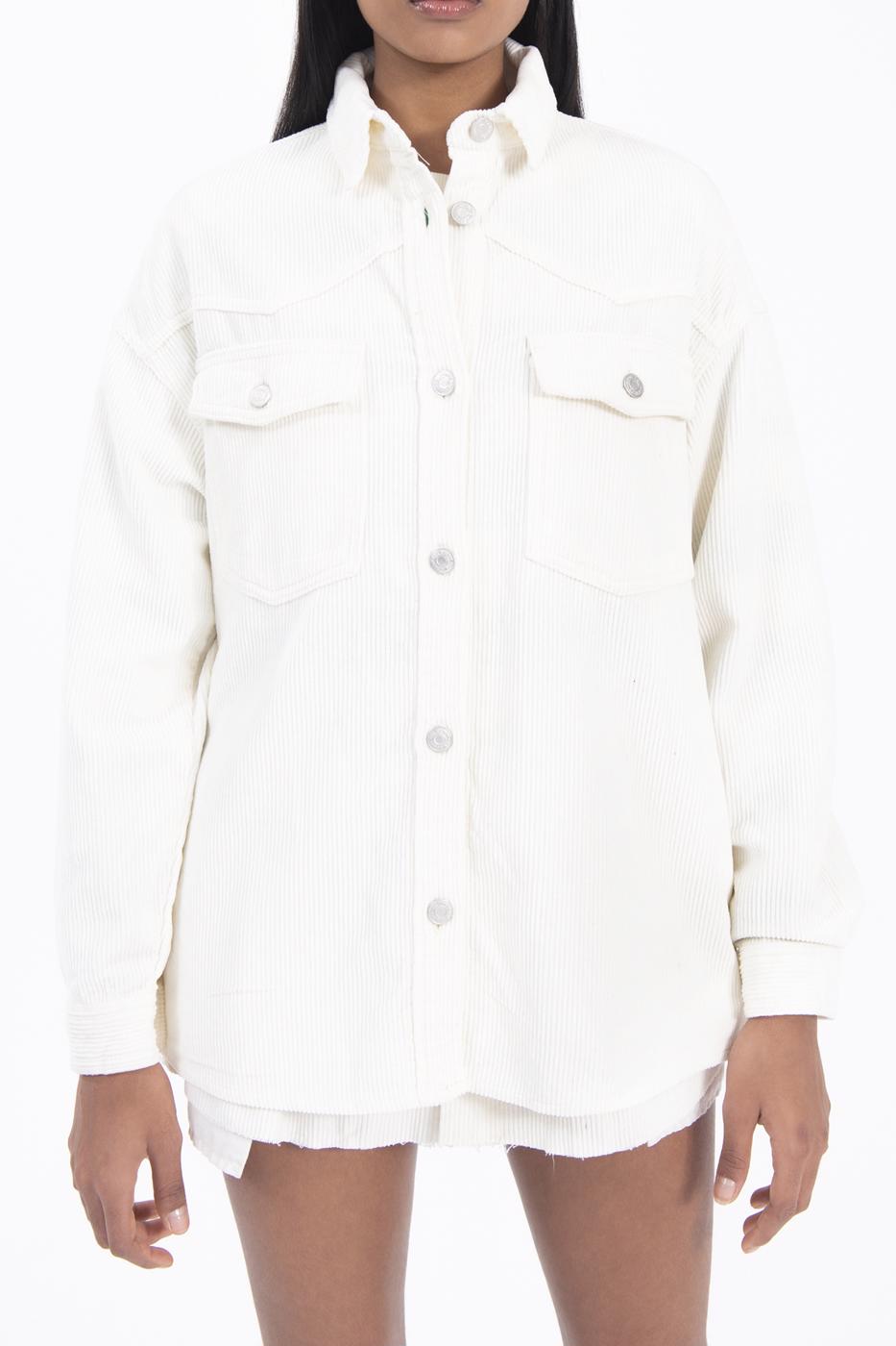 Bayan Ekru Cep Detaylı Fitilli Kadife Gömlek Ceket