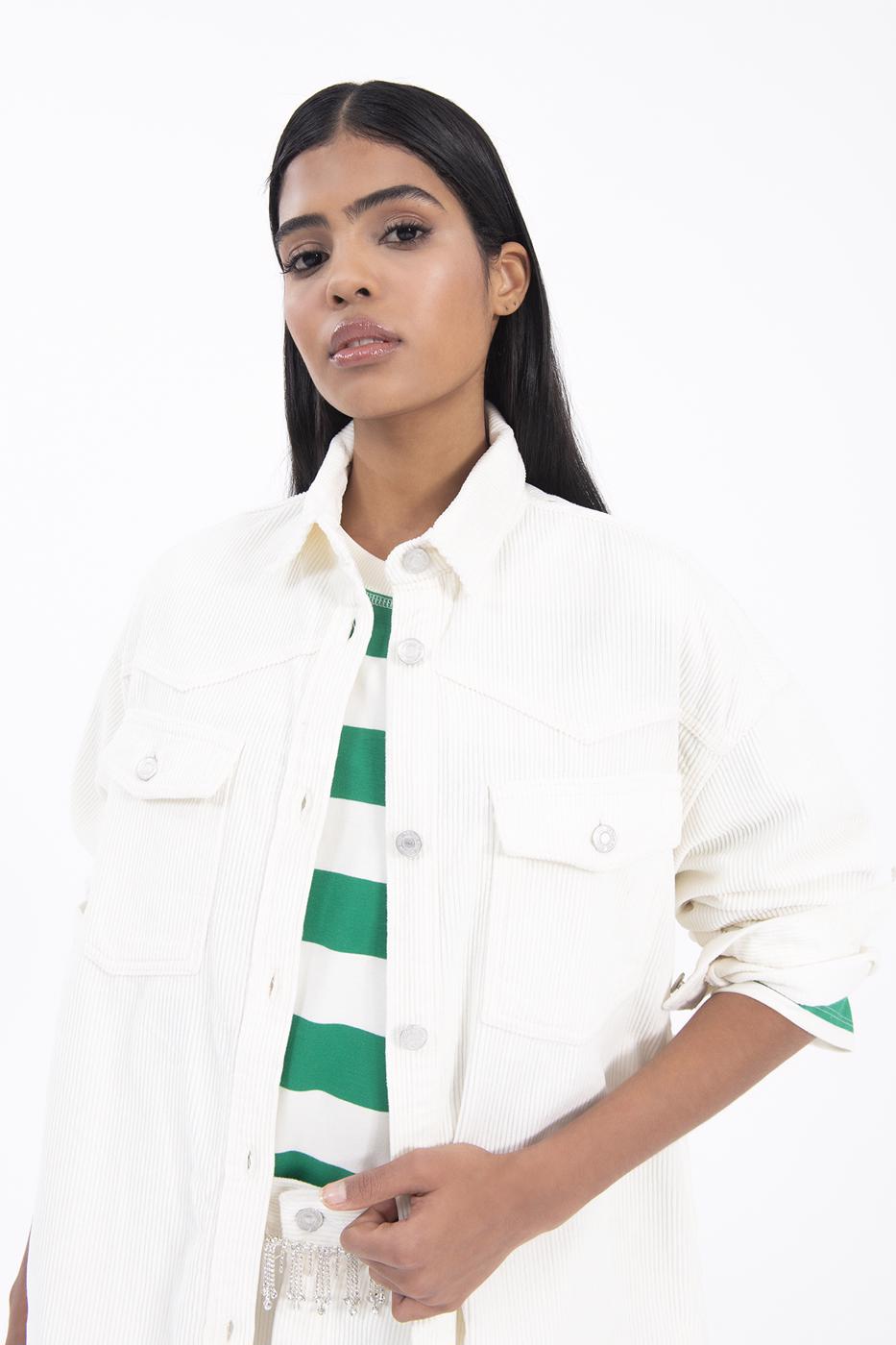 Bayan Ekru Cep Detaylı Fitilli Kadife Gömlek Ceket
