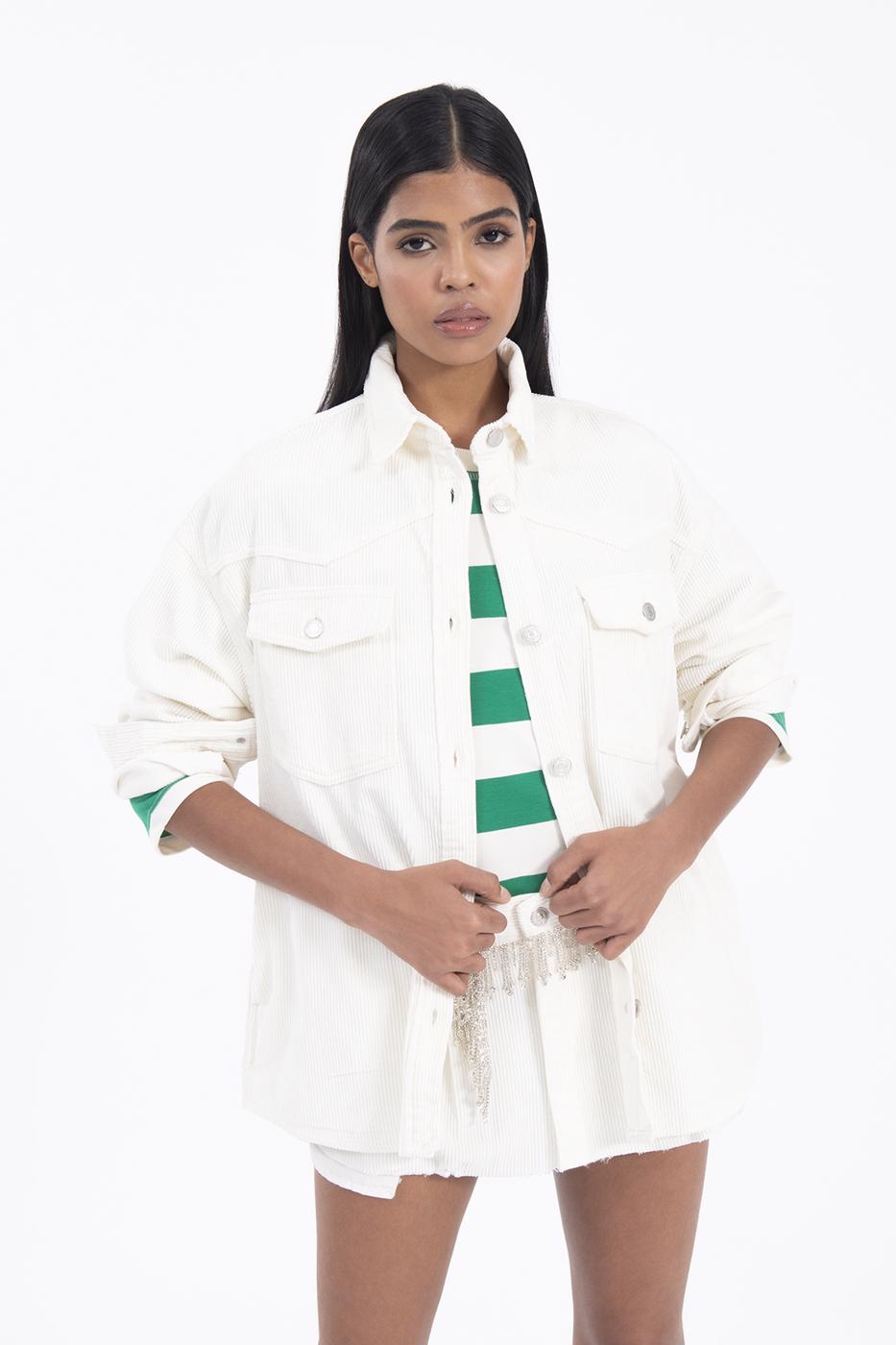 Bayan Ekru Cep Detaylı Fitilli Kadife Gömlek Ceket