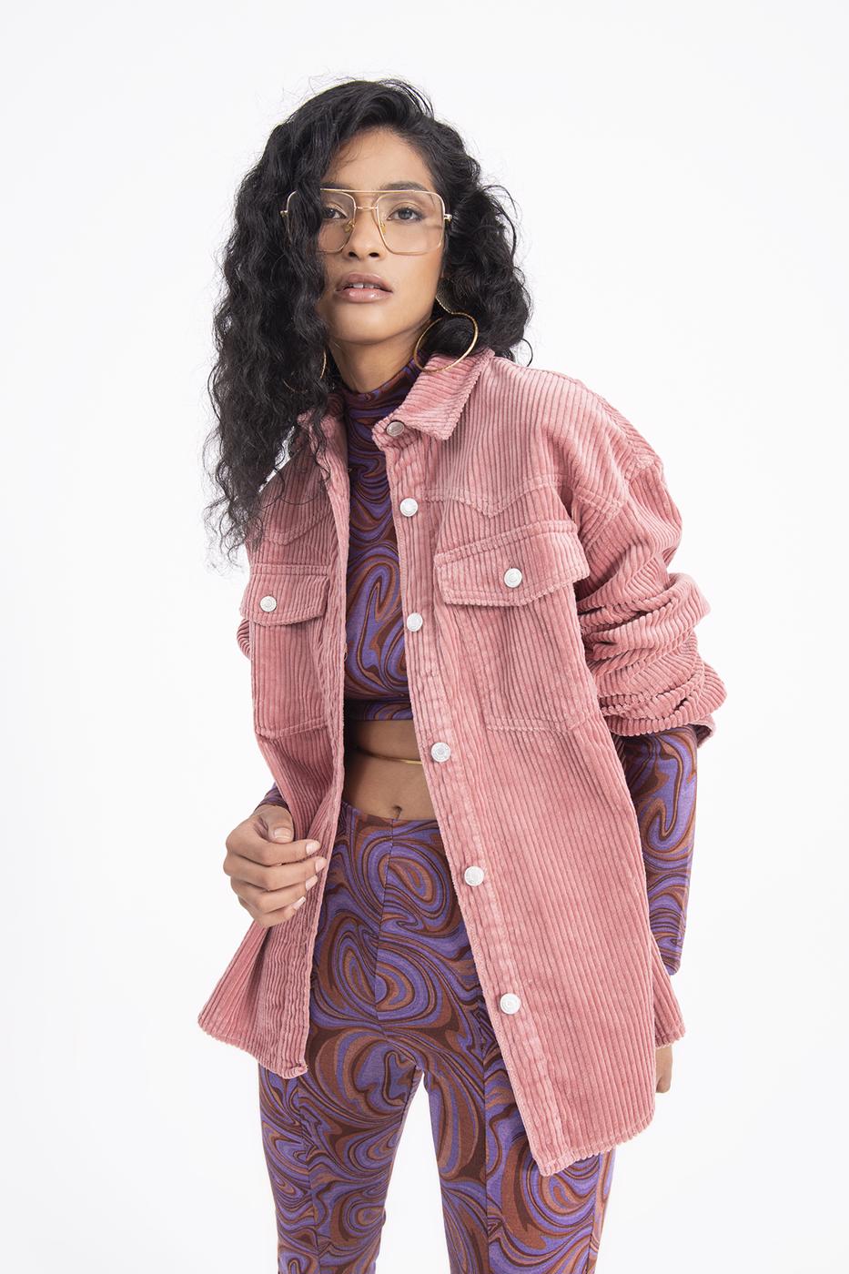 Bayan Pudra Cep Detaylı Fitilli Kadife Gömlek Ceket