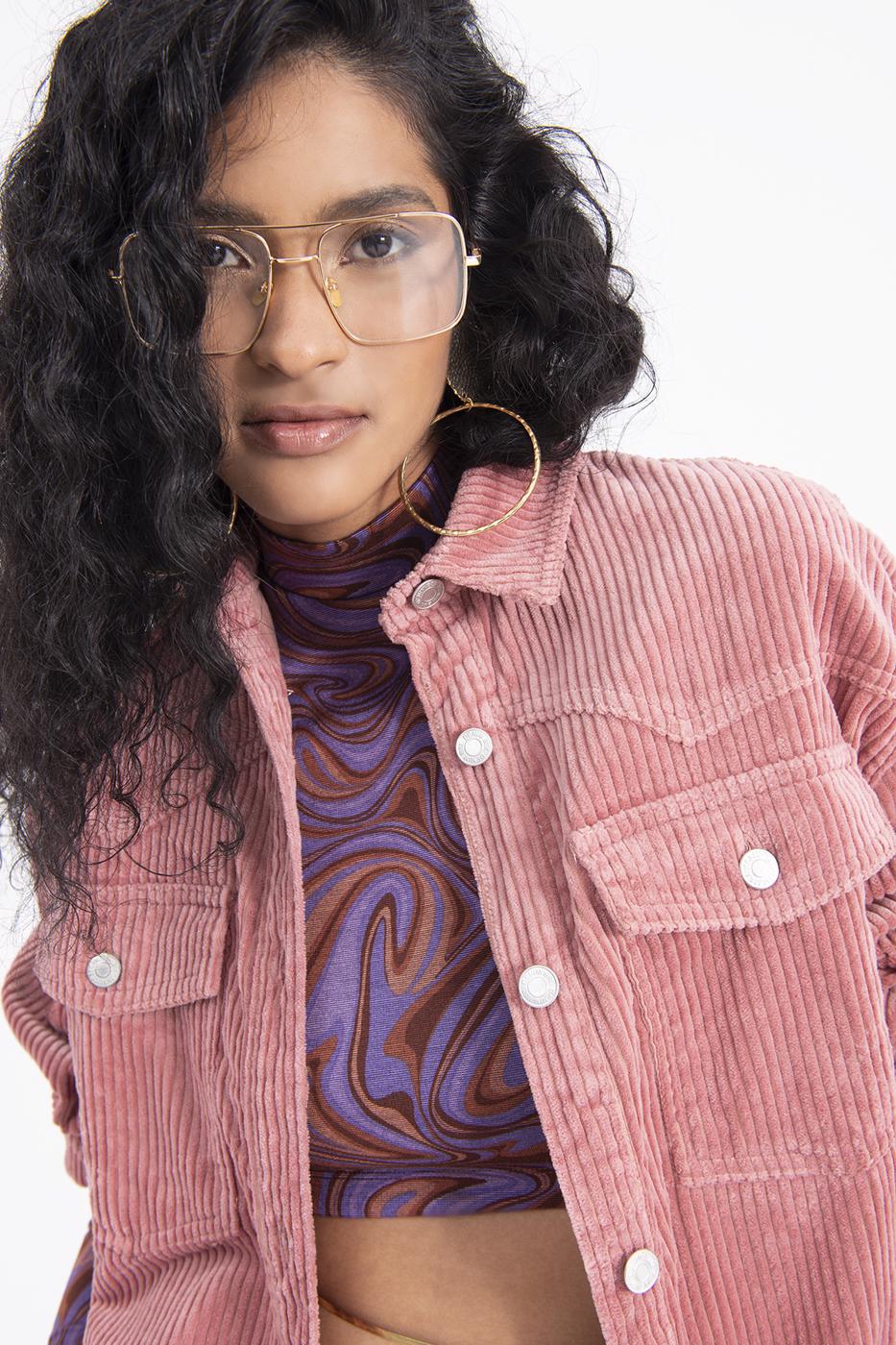 Bayan Pudra Cep Detaylı Fitilli Kadife Gömlek Ceket
