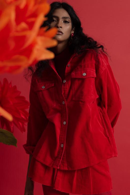 Bayan  Cep Detaylı Fitilli Kadife Gömlek Ceket