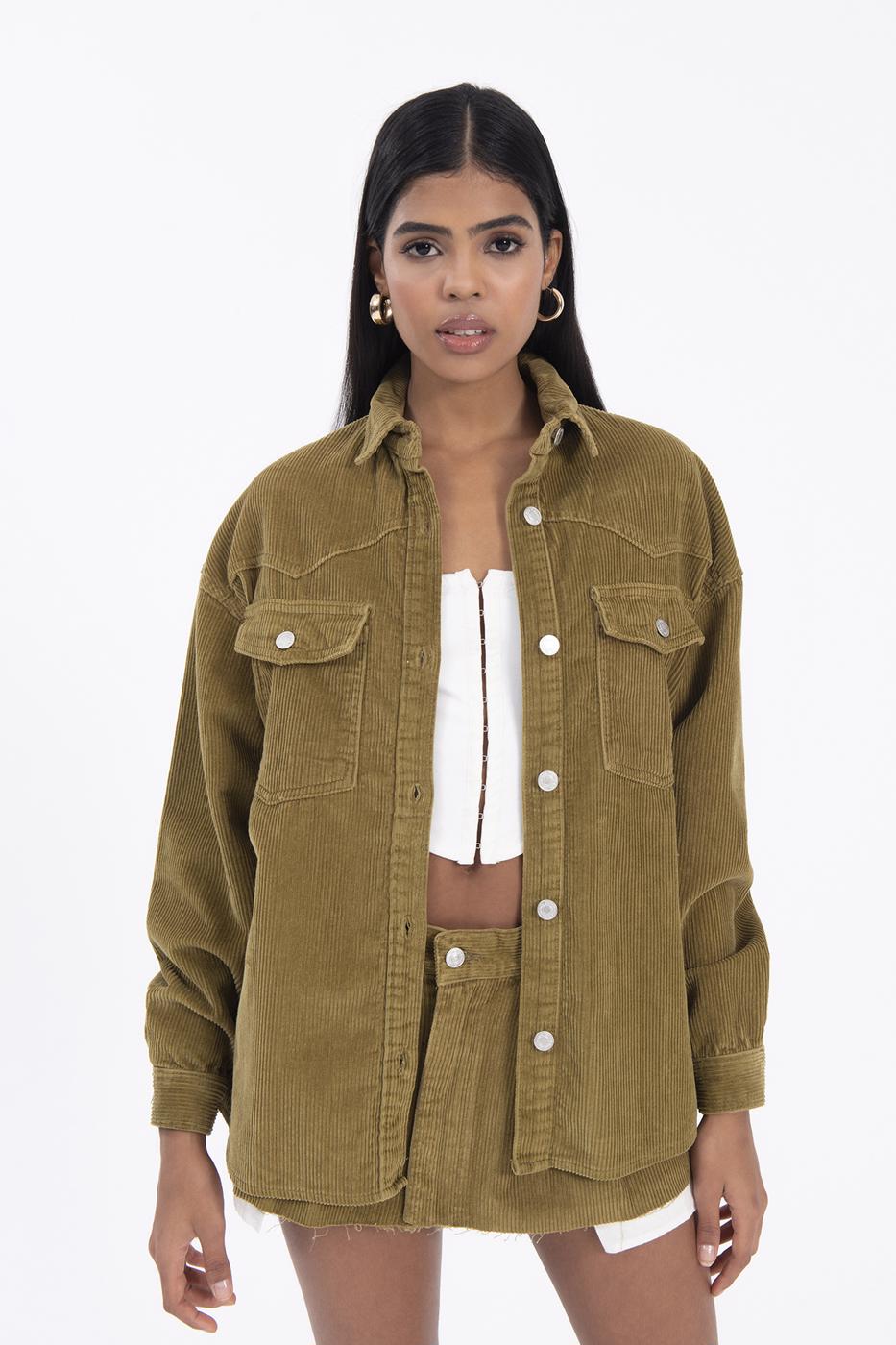 Bayan Yeşil Cep Detaylı Fitilli Kadife Gömlek Ceket