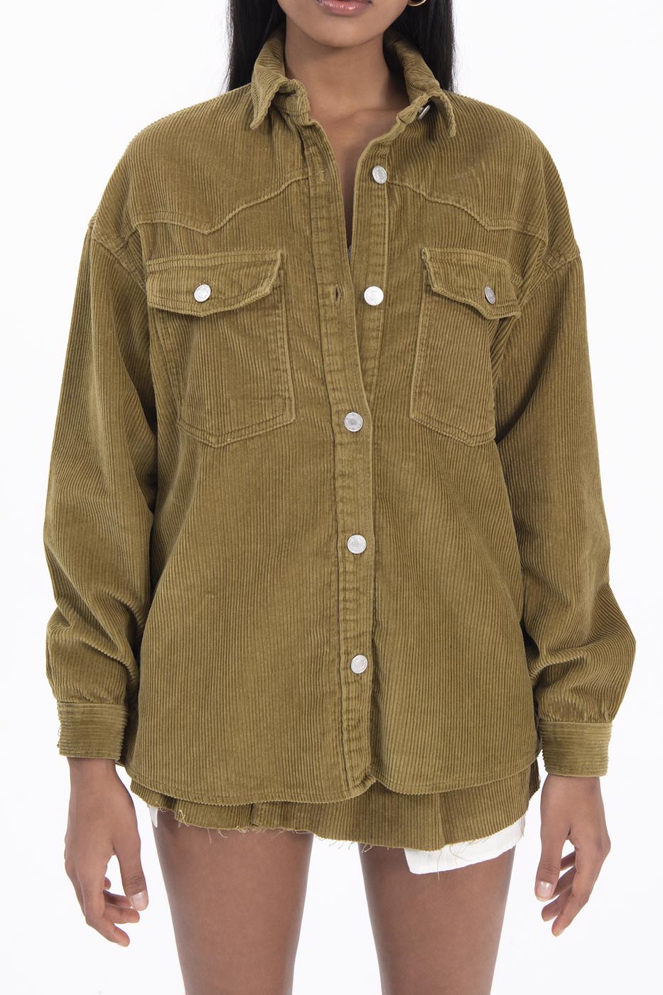 Bayan Yeşil Cep Detaylı Fitilli Kadife Gömlek Ceket
