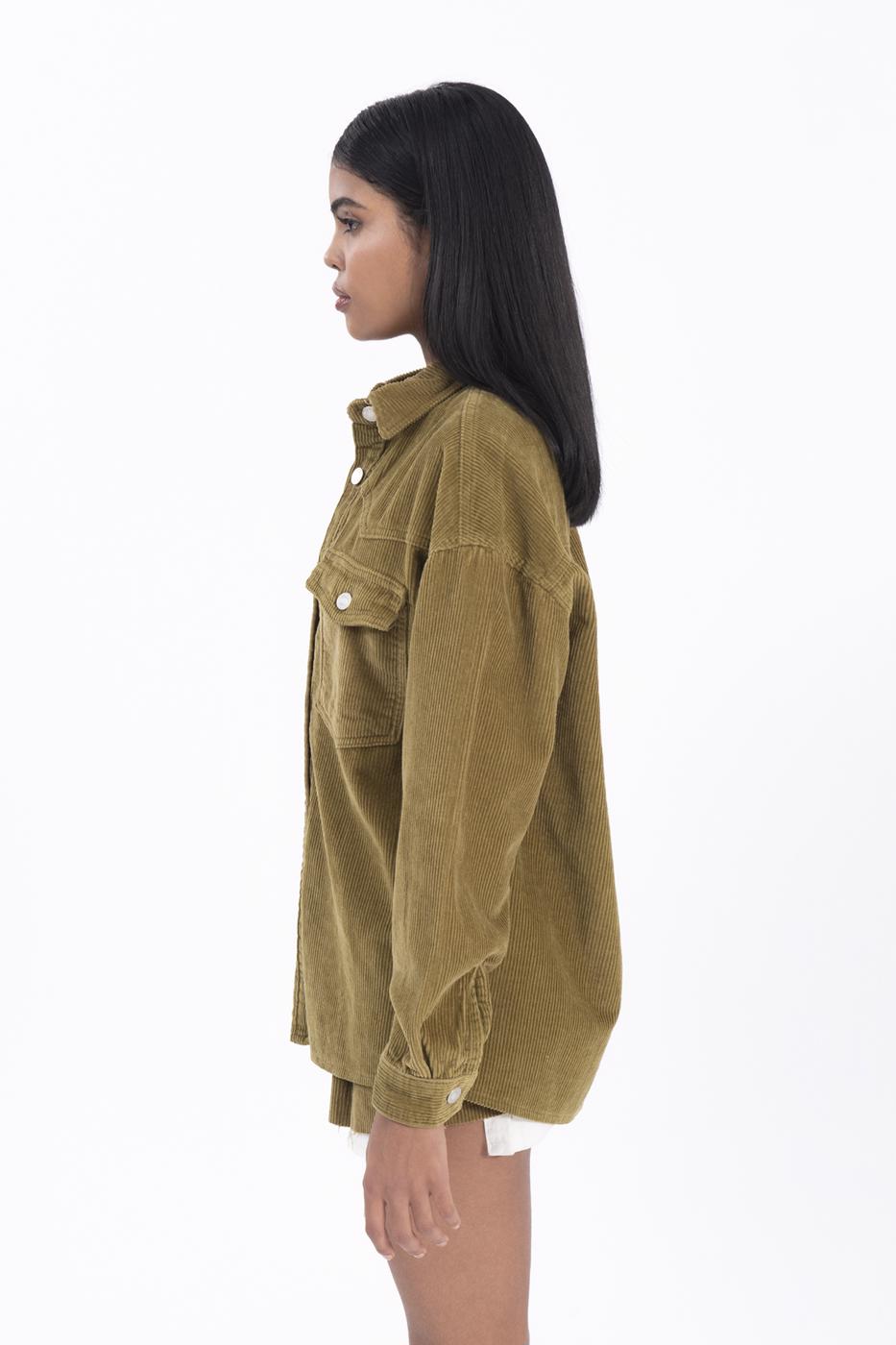 Bayan Yeşil Cep Detaylı Fitilli Kadife Gömlek Ceket