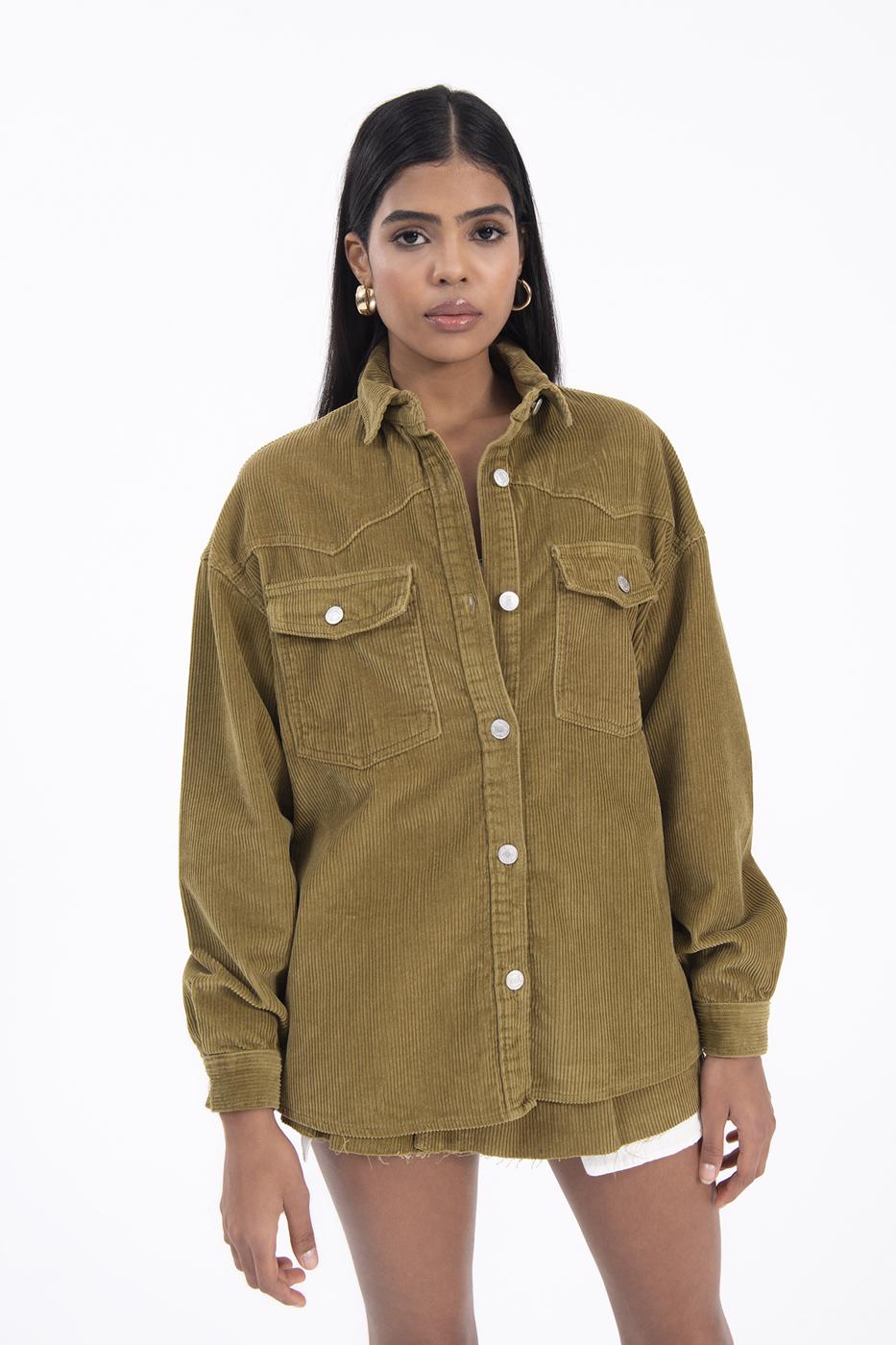 Bayan Yeşil Cep Detaylı Fitilli Kadife Gömlek Ceket