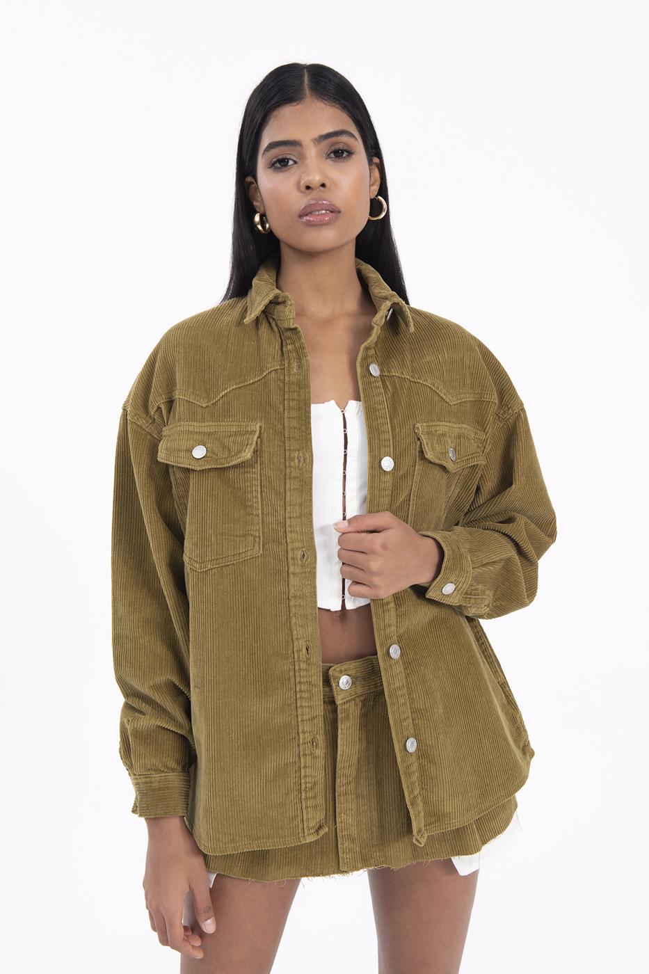 Bayan Yeşil Cep Detaylı Fitilli Kadife Gömlek Ceket