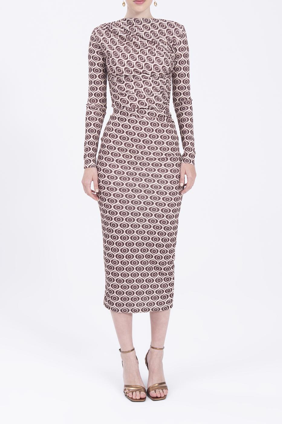 Bayan Bej Drape Desenli Kalem Midi Elbise