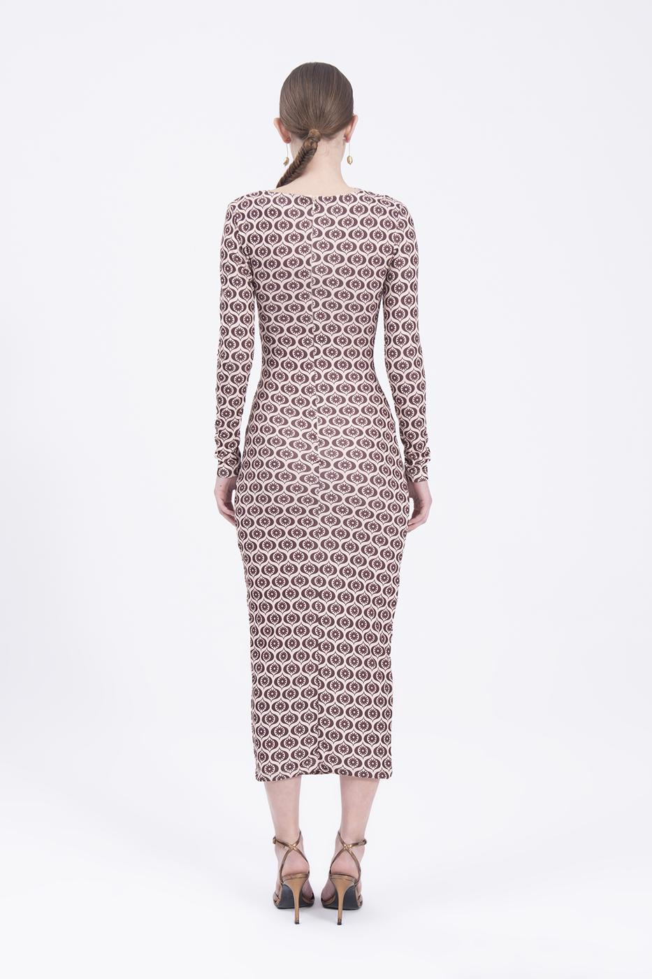 Bayan Bej Drape Desenli Kalem Midi Elbise