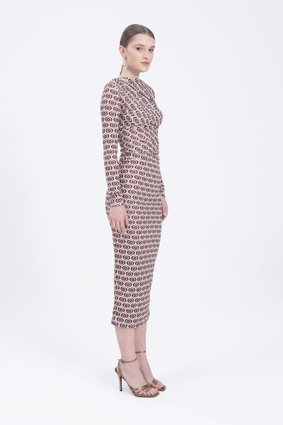 Bayan Bej Drape Desenli Kalem Midi Elbise