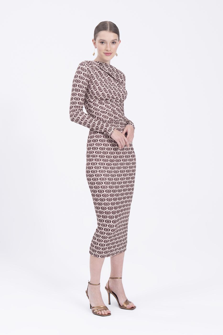 Bayan Bej Drape Desenli Kalem Midi Elbise