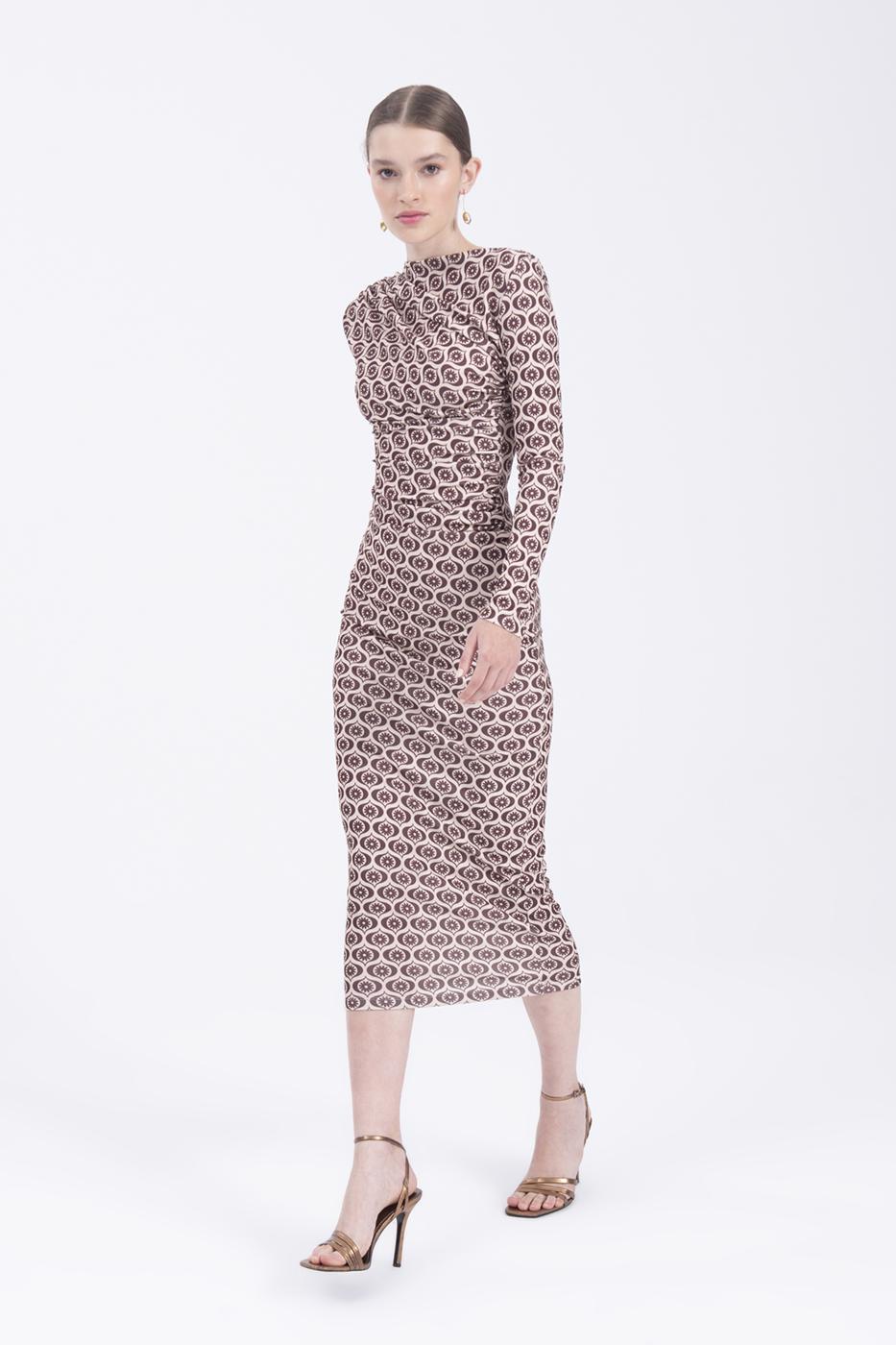 Bayan Bej Drape Desenli Kalem Midi Elbise