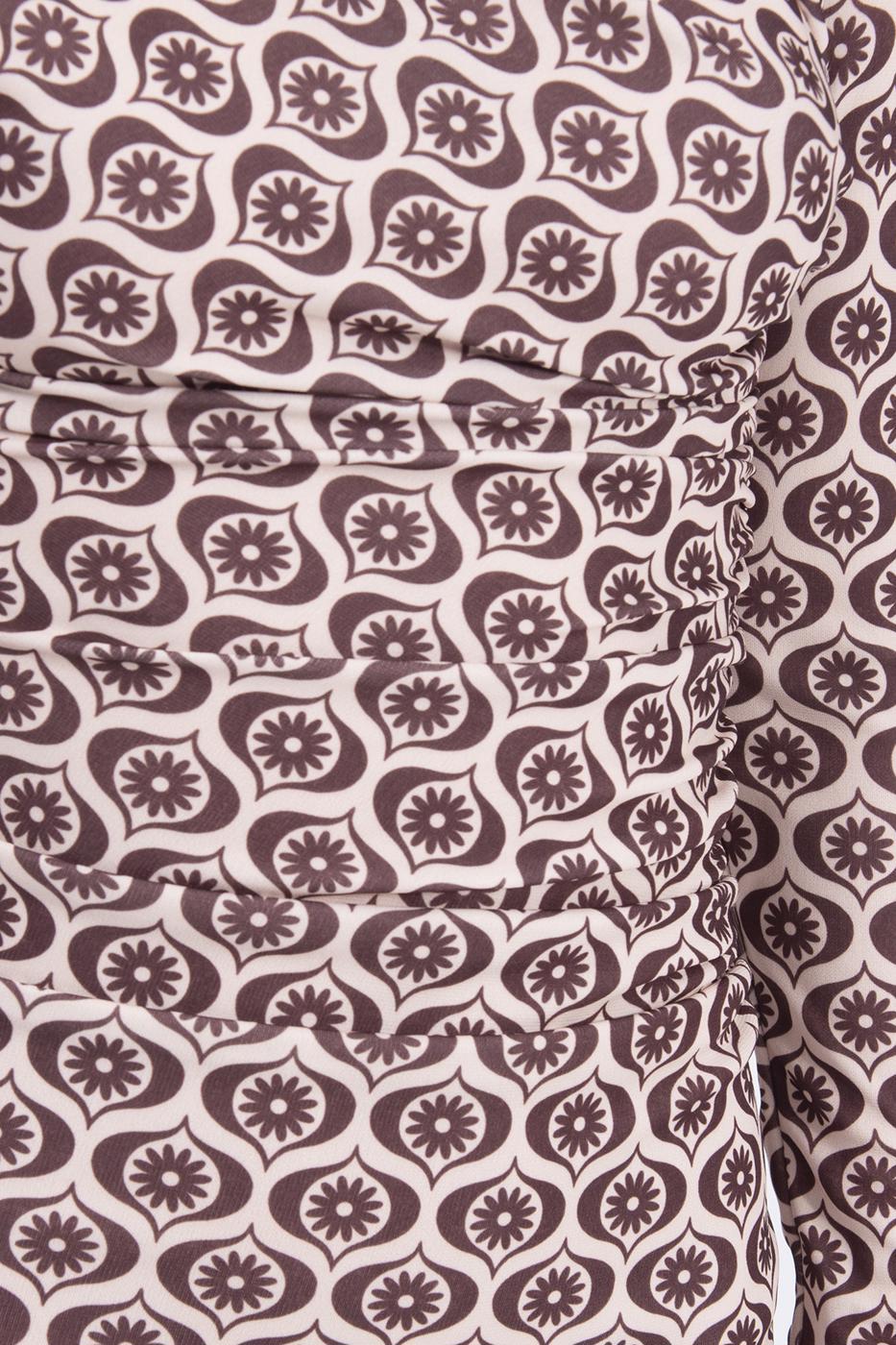 Bayan Bej Drape Desenli Kalem Midi Elbise