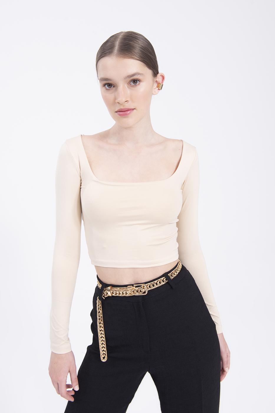 Bayan Bej Kare Yakalı Top