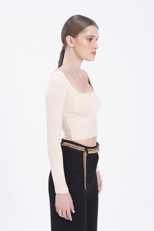 Bayan Bej Kare Yakalı Top - BSL