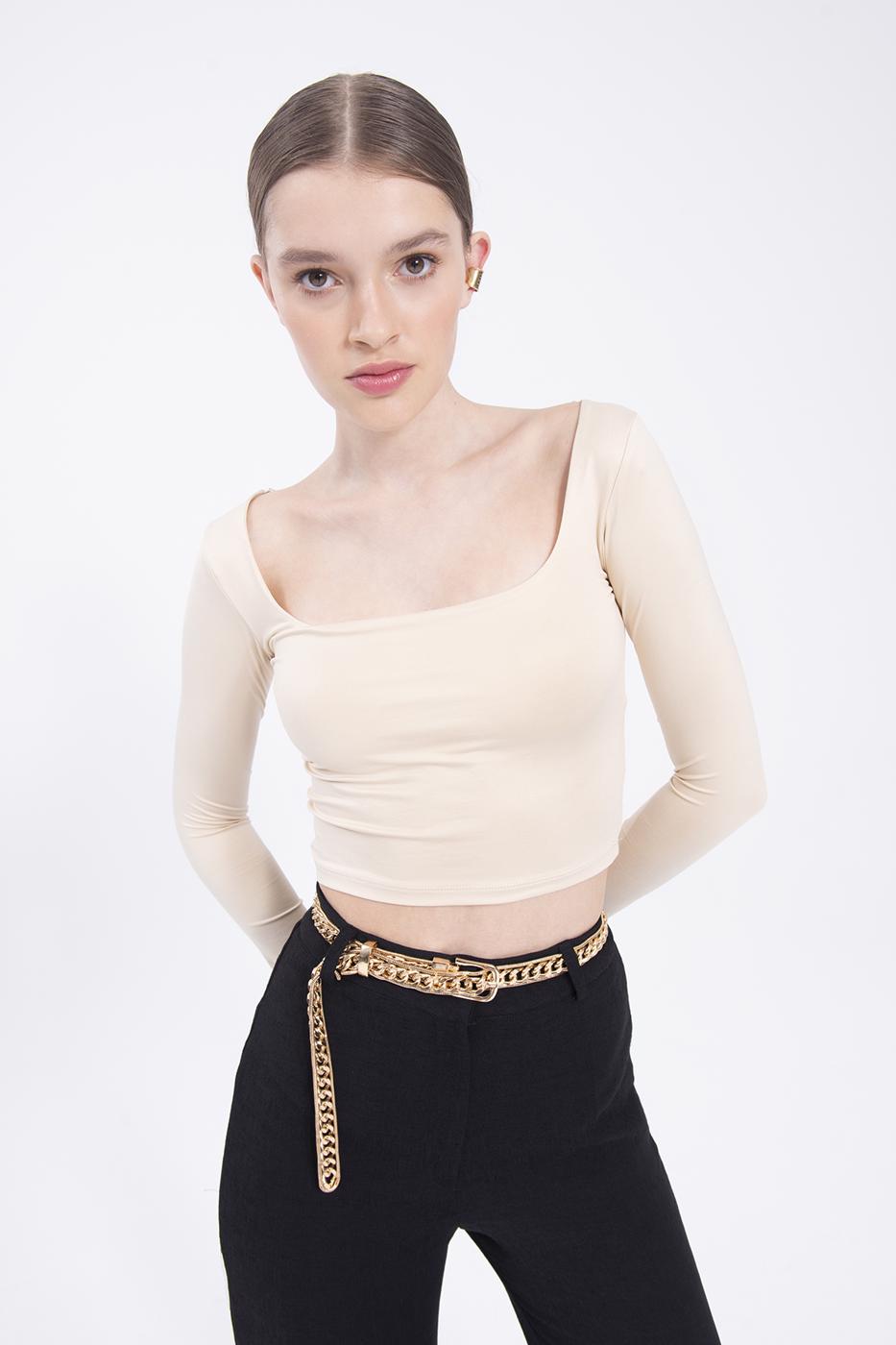 Bayan Bej Kare Yakalı Top