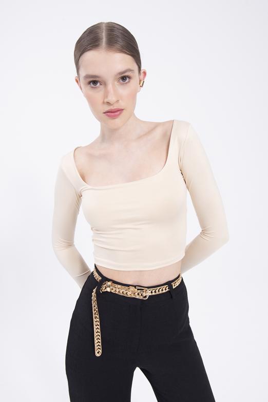 Bayan Bej Kare Yakalı Top - BSL