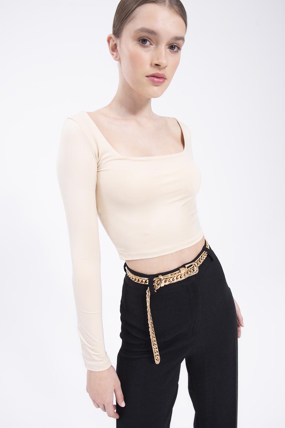 Bayan Bej Kare Yakalı Top