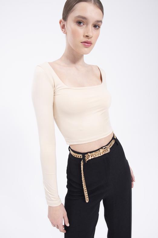 Bayan Bej Kare Yakalı Top - BSL