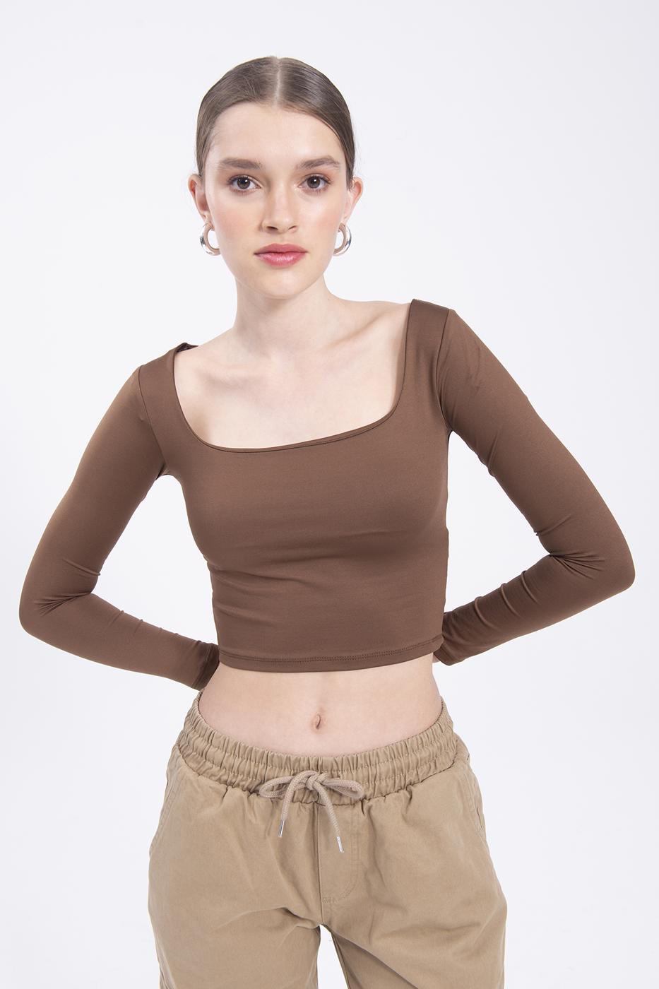 Bayan Kahverengi Kare Yakalı Top