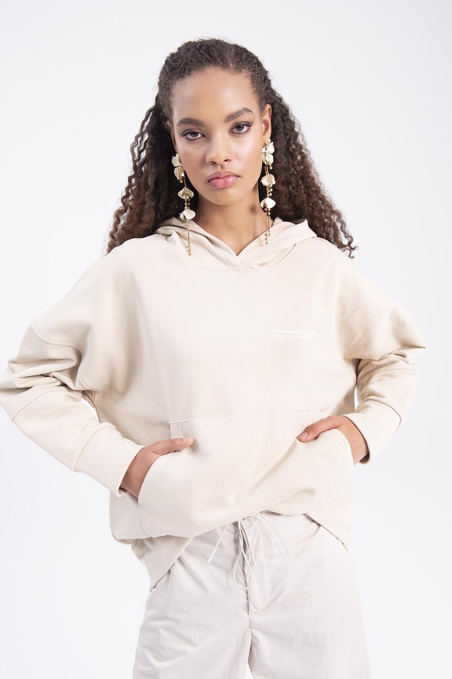 Bayan Bej Kapüşonlu Baskı Detaylı Sweatshırt