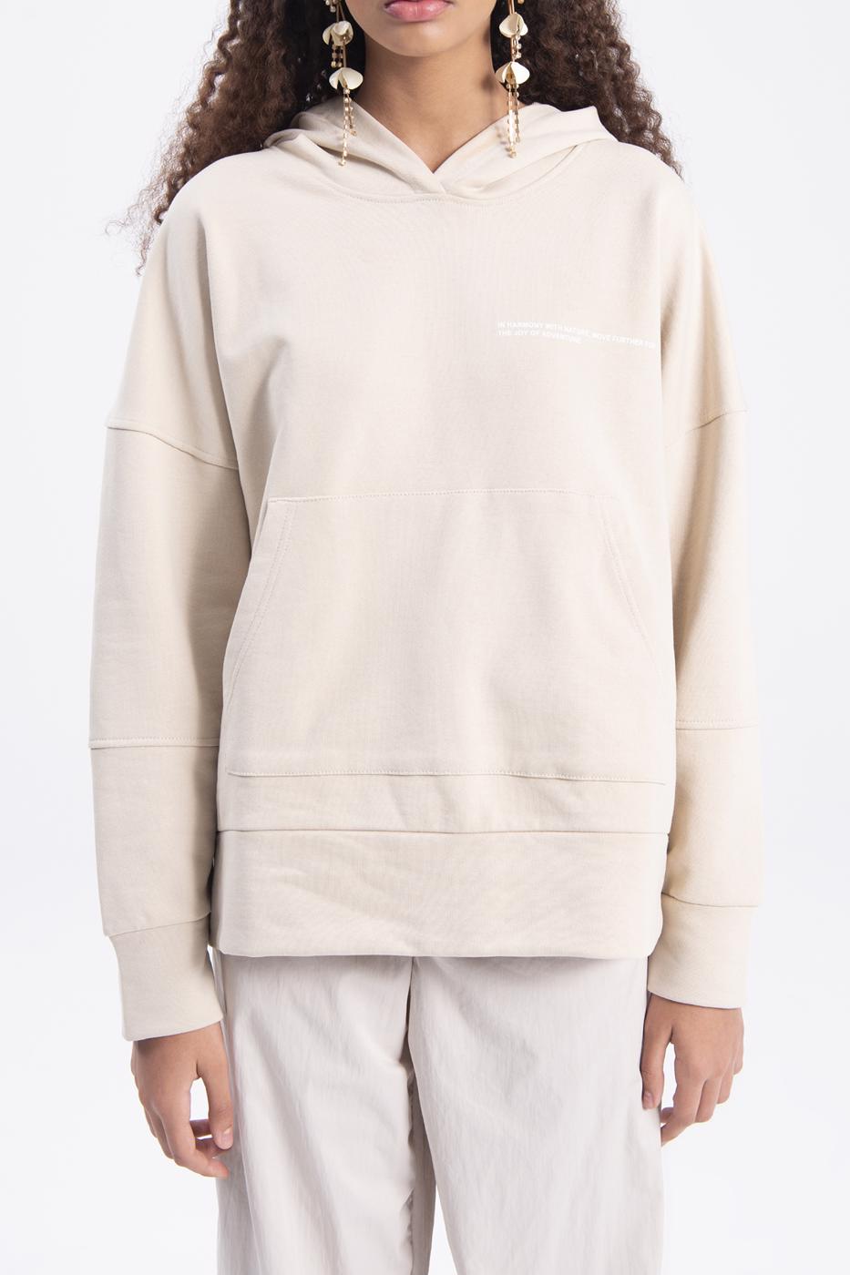 Bayan Bej Kapüşonlu Baskı Detaylı Sweatshırt