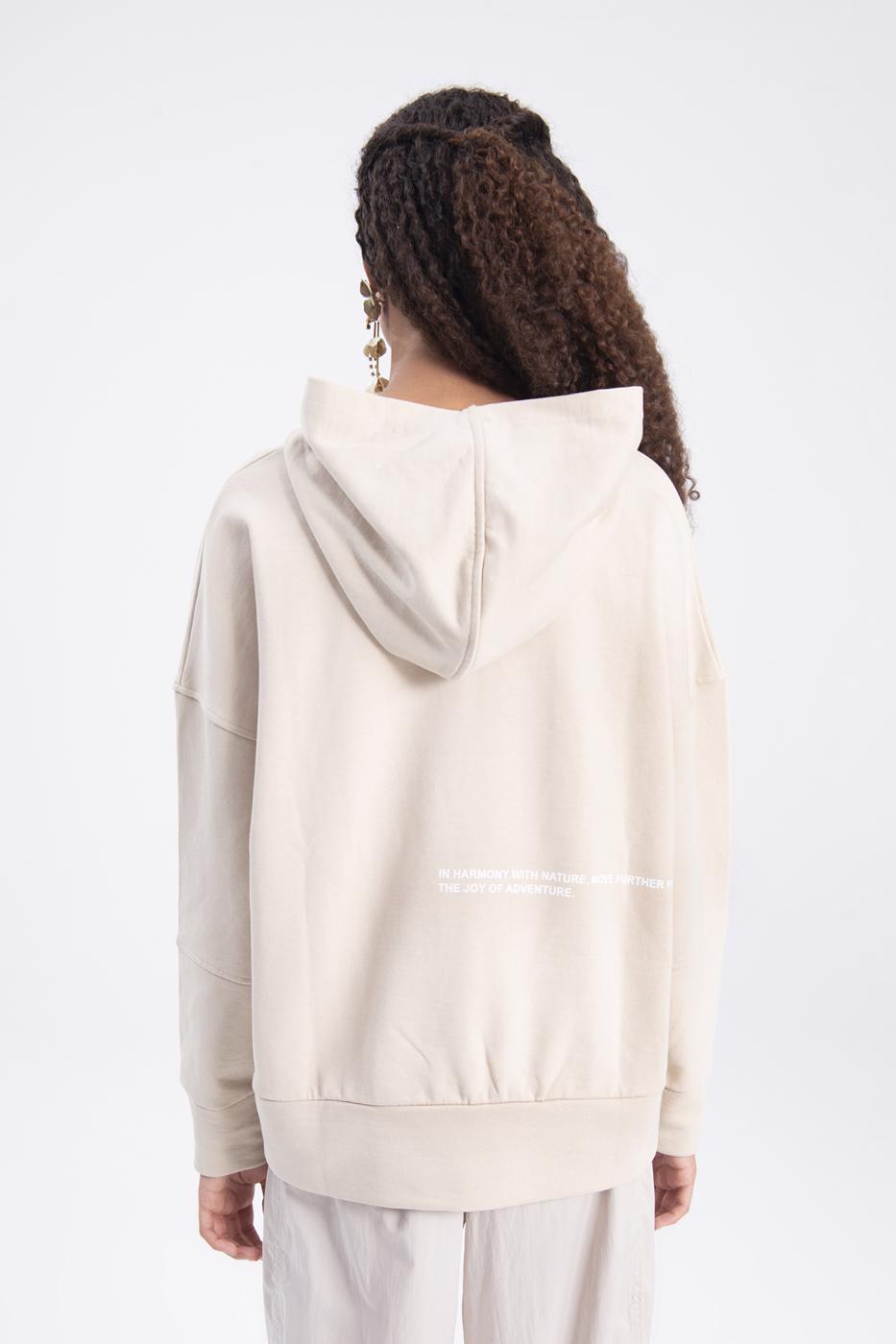 Bayan Bej Kapüşonlu Baskı Detaylı Sweatshırt