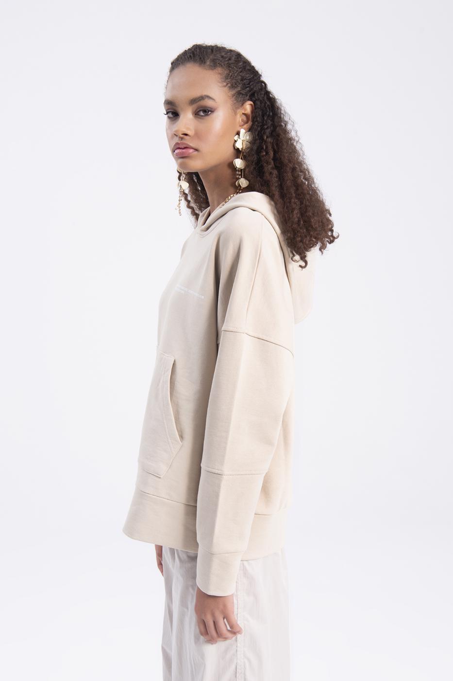 Bayan Bej Kapüşonlu Baskı Detaylı Sweatshırt