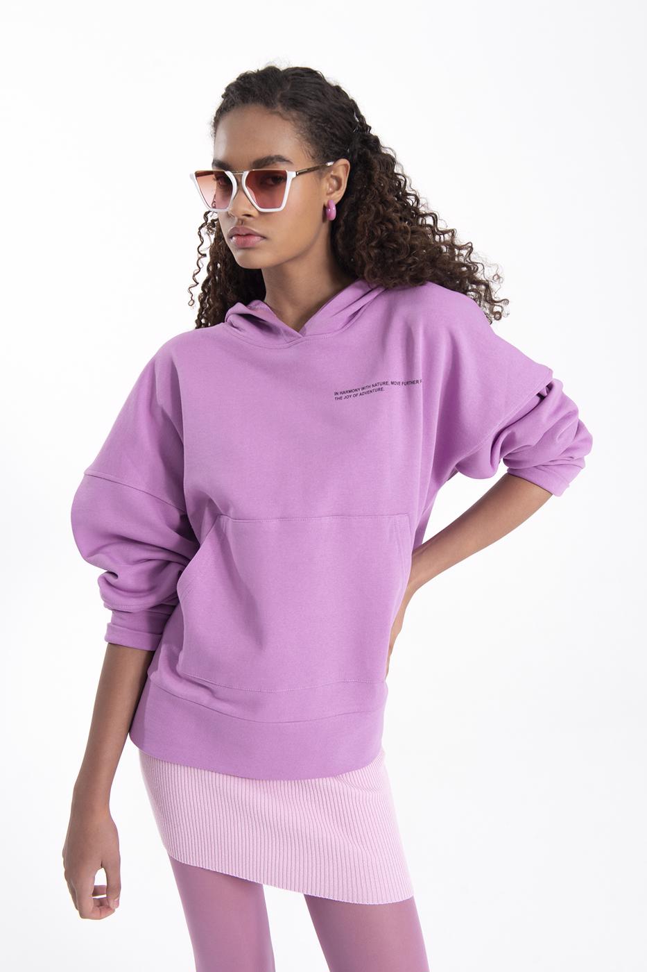 Bayan Lila Kapüşonlu Baskı Detaylı Sweatshırt