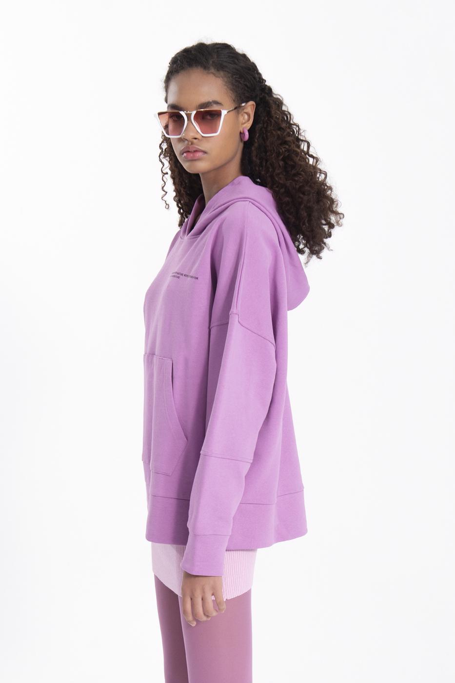 Bayan Lila Kapüşonlu Baskı Detaylı Sweatshırt