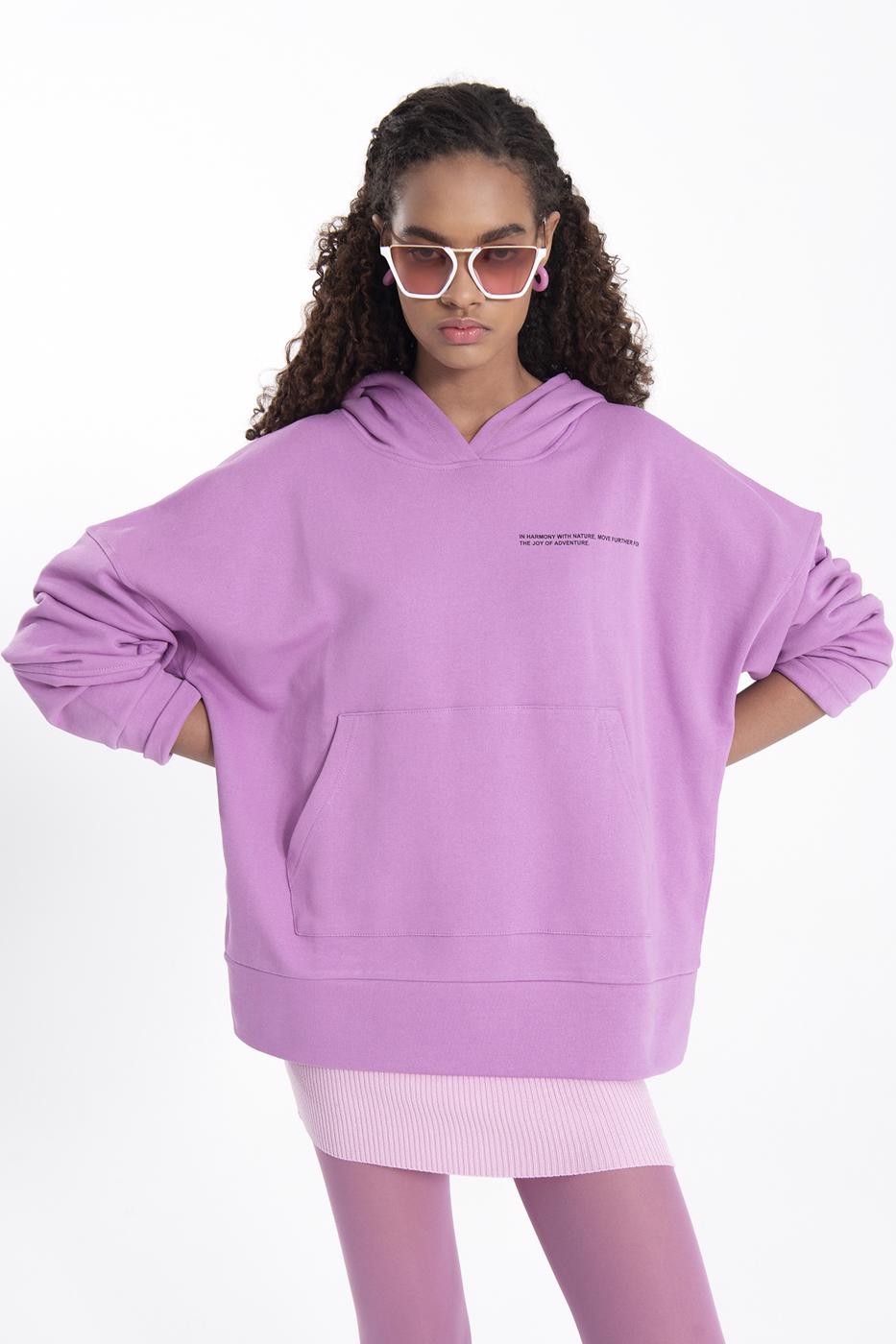 Bayan Lila Kapüşonlu Baskı Detaylı Sweatshırt